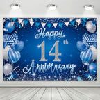 14th Anniversary Backdrop, Blue & Silver Happy 14th Wedding Anniversary Photo Background Wall Decor, Couples