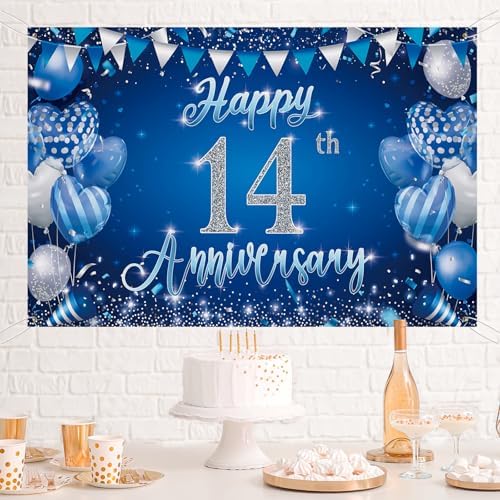 14th Anniversary Backdrop, Blue & Silver Happy 14th Wedding Anniversary Photo Background Wall Decor, Couples, alternate view