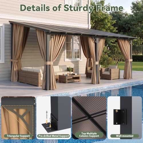14x10FT Pergola with Netting and Curtains for Patio, Brown in 14x10FT in Brown, alternate view 3