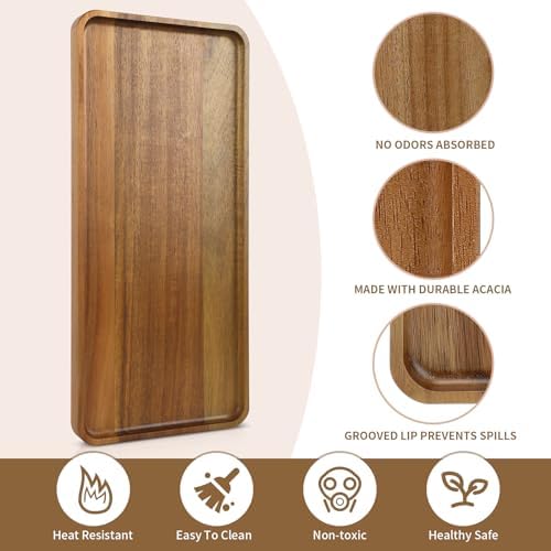 15.7" x 7" Large Solid Acacia Wood Serving Tray Rectangular Wooden Serving Platter Natural Wooden Board for Bar, alternate