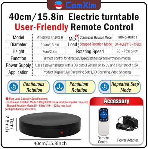 15.8In Remote Motorized Electric Turntable Rotating Display Stand Rotating Platform Photography Turntable, alternate view 2