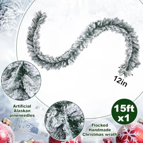15 ft Snow Flocked Alaskan Pine Artificial Christmas Garland in White, alternate view 2