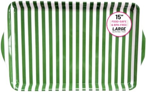 15-Inch Large Melamine Serving Tray with Handles Green Stripe Party Platter in Green Stripe