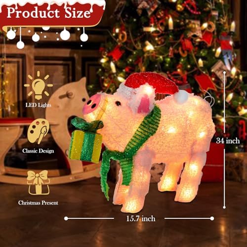 15" Lighted Christmas Pig, 3D Pre‐Lit Indoor Outdoor Decor, alternate view 3