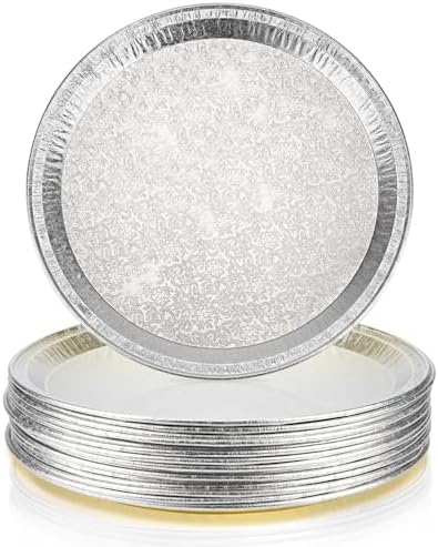 15 Pack 12” Golden Embossed Foil Pizza Pans, Disposable Heavy Duty Aluminium Foil Serving Platters for Bakery
