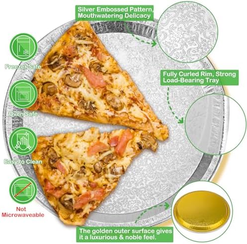 15 Pack 12” Golden Embossed Foil Pizza Pans, Disposable Heavy Duty Aluminium Foil Serving Platters for Bakery, alternate view