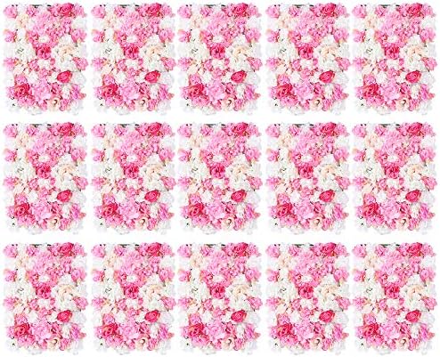 15 Pack Artificial Flower Wall Panels 24" x 16" Pink&White Faux Hydrangea and Rose Artificial Flower Backdrop