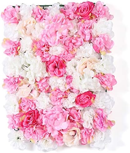 15 Pack Artificial Flower Wall Panels 24" x 16" Pink&White Faux Hydrangea and Rose Artificial Flower Backdrop, alternate view