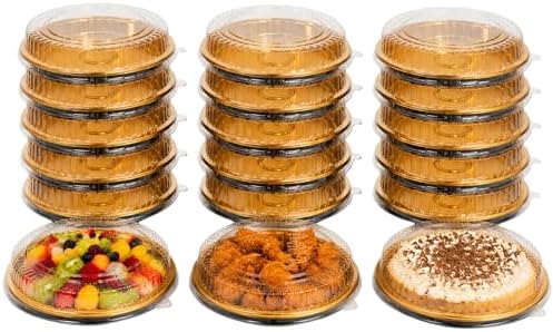 15 Pack Disposable Plastic Serving Trays with Clear Lids, 10 Inch Round Gold Sushi Trays, Party Platters, Pie