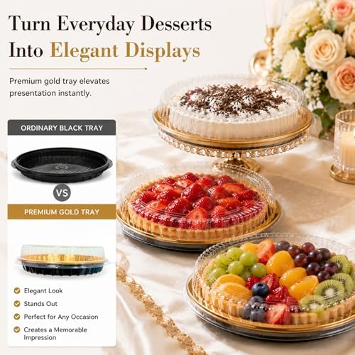 15 Pack Disposable Plastic Serving Trays with Clear Lids, 10 Inch Round Gold Sushi Trays, Party Platters, Pie, alternate view