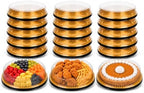 15 Pack Disposable Plastic Serving Trays with Clear Lids, 12 Inch Round Gold Sushi Trays, Party Platters, Pie