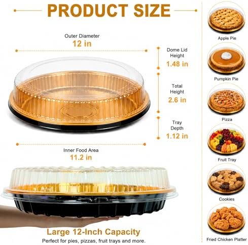 15 Pack Disposable Plastic Serving Trays with Clear Lids, 12 Inch Round Gold Sushi Trays, Party Platters, Pie, alternate view