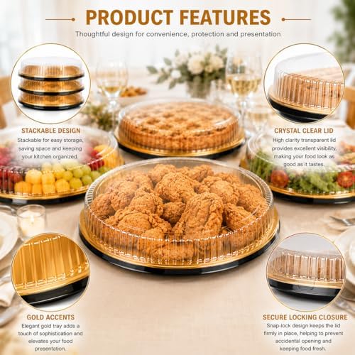 15 Pack Disposable Plastic Serving Trays with Clear Lids, 12 Inch Round Gold Sushi Trays, Party Platters, Pie, alternate view