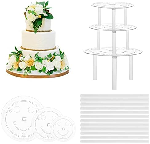 15 Pcs Cake Dowels Rods with 3 Cake Boards Set, 4 6 8 Inch Plastic Tiered Cakes Supports, Reusable Hollow