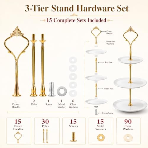 15 Pcs Tiered Tray Hardware Kit, 3-Tier Tiered Plate Hardware, Cake Stand Hardware, Zinc Alloy Rod Fittings for, alternate
