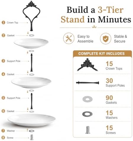 15 Pcs Tiered Tray Hardware Kit, Crown Handle Black 3-Tier in Black, alternate view 4