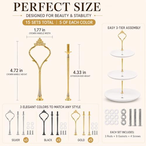 15 Pcs Tiered Tray Hardware Kit, Crown Handle Mixed Colors in Black, Sliver, Gold, alternate view 2