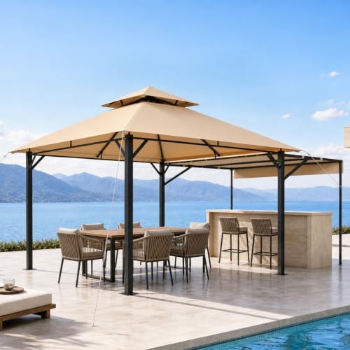 15 x10 FT Soft Top Gazebo with Extended Shade, Steel Frame, Beige in 15 x10 FT in Beige, alternate view 2