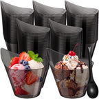 150 Pack Plastic Dessert Cups with Tasting Spoons,7 oz, Black in 7 oz in Black
