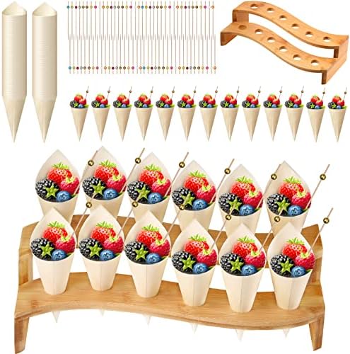 150 Pcs Charcuterie Cones with Wood Ice Cream Cone Food Holder in Natural Wood
