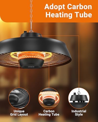 1500W Carbon Infrared Hanging Patio Heater, 3-Second Warmth, Black in Black, alternate view 6
