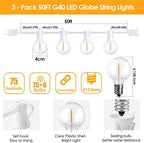 150Ft(3x50Ft) Outdoor String Lights, Connectable G40 Globe Patio Lights Connectable with 75+6 LED Plastic Bulbs, alternate