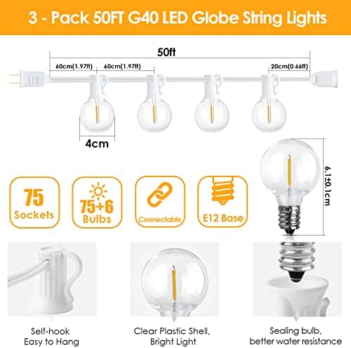 150Ft(3x50Ft) Outdoor String Lights, Connectable G40 Globe Patio Lights Connectable with 75+6 LED Plastic Bulbs, alternate