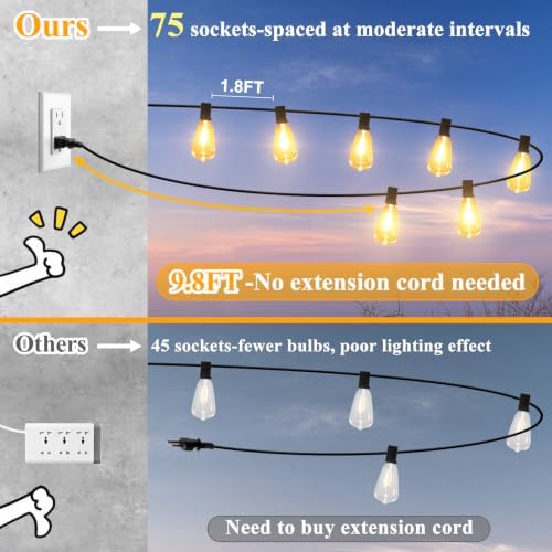150FT Outdoor String Lights 77 Bulbs, 2200K Amber Lights, alternate view 4