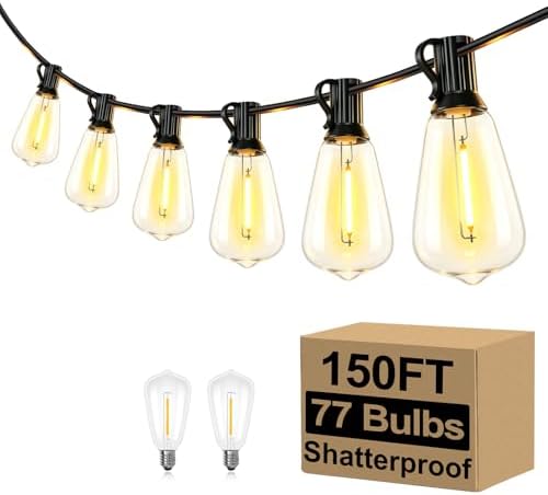 150FT Outdoor String Lights 77 Bulbs, Waterproof Patio Lights