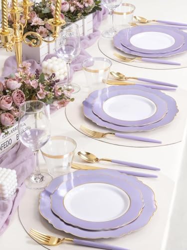 150Pcs Purple Plates Disposable - Baroque Lavender Purple and Gold Plates - 25Guest Plastic Dinnerware Ideal for, alternate