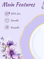 150Pcs Purple Plates Disposable - Baroque Lavender Purple and Gold Plates - 25Guest Plastic Dinnerware Ideal for, alternate