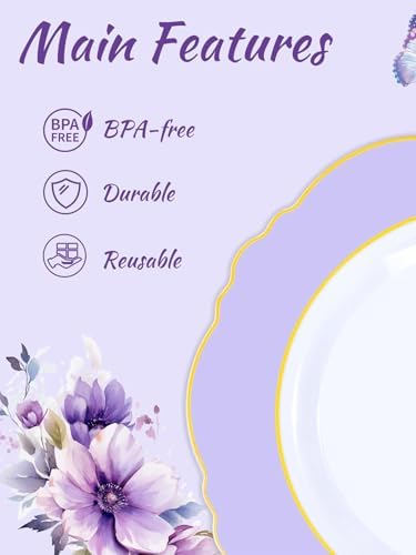 150Pcs Purple Plates Disposable - Baroque Lavender Purple and Gold Plates - 25Guest Plastic Dinnerware Ideal for, alternate