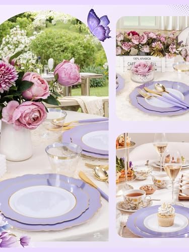 150Pcs Purple Plates Disposable - Baroque Lavender Purple and Gold Plates - 25Guest Plastic Dinnerware Ideal for, alternate