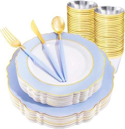 150pieces Baby Blue Plastic Plates with Gold Rim - Disposable Gold Plastic Silverware With Blue Handle-Baroque