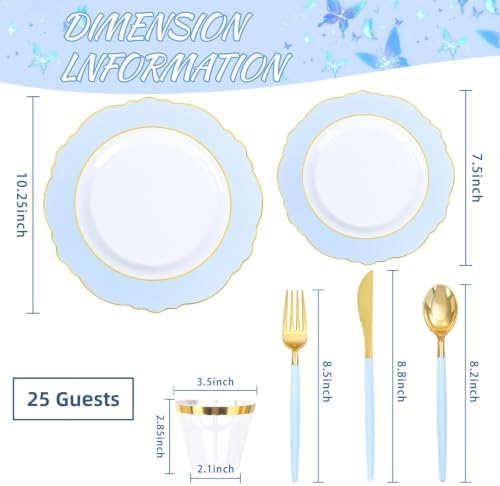 150pieces Baby Blue Plastic Plates with Gold Rim - Disposable Gold Plastic Silverware With Blue Handle-Baroque, alternate