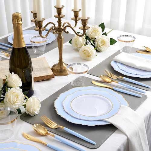 150pieces Baby Blue Plastic Plates with Gold Rim - Disposable Gold Plastic Silverware With Blue Handle-Baroque, alternate