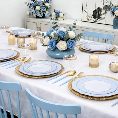 150pieces Baby Blue Plastic Plates with Gold Rim - Disposable Gold Plastic Silverware With Blue Handle-Baroque, alternate