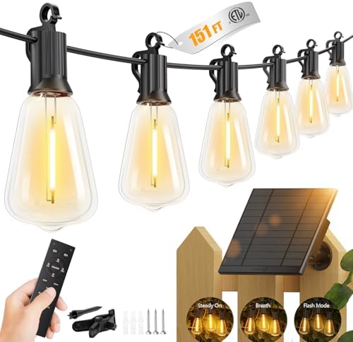 151FT Solar String Lights Outdoor, 48+2 Shatterproof LED Lights
