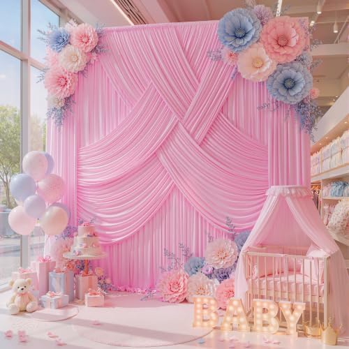 15ft x 10ft Pink Backdrop Curtains, Wrinkle Free Drapes Back Drop Cloth in 5FT×15FT_2 Panels in Pink, alternate view 4