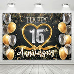 15th Anniversary Backdrop, Black Gold 15 Year Wedding Decorations Banner, Happy 60th Anniversary Party Supplies