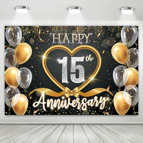 15th Anniversary Backdrop, Black Gold 15 Year Wedding Decorations Banner, Happy 60th Anniversary Party Supplies