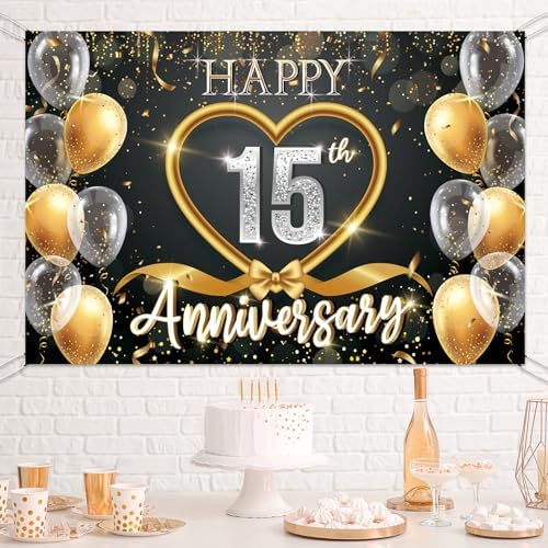 15th Anniversary Backdrop, Black Gold 15 Year Wedding Decorations Banner, Happy 60th Anniversary Party Supplies, alternate