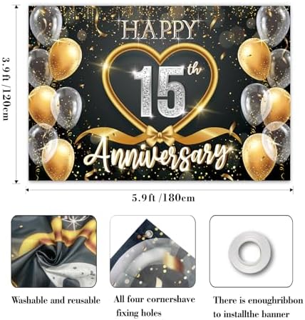 15th Anniversary Backdrop, Black Gold 15 Year Wedding Decorations Banner, Happy 60th Anniversary Party Supplies, alternate