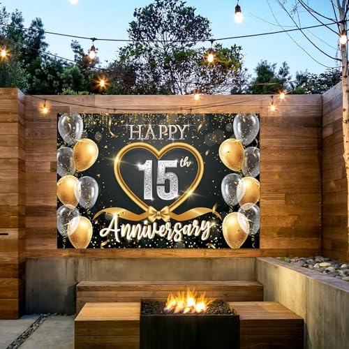 15th Anniversary Backdrop, Black Gold 15 Year Wedding Decorations Banner, Happy 60th Anniversary Party Supplies, alternate
