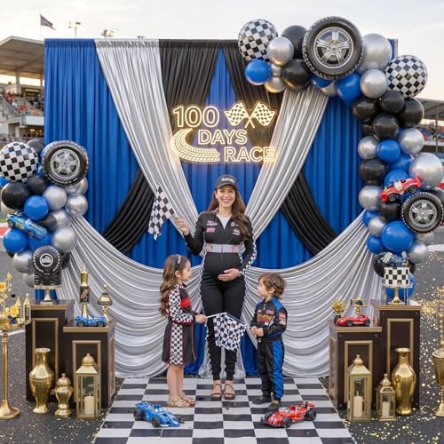 15x10ft Black Blue and Metallic Silver Backdrop Curtains, Wrinkle Free 6 Panels 2.5x10ft Polyester Drapery