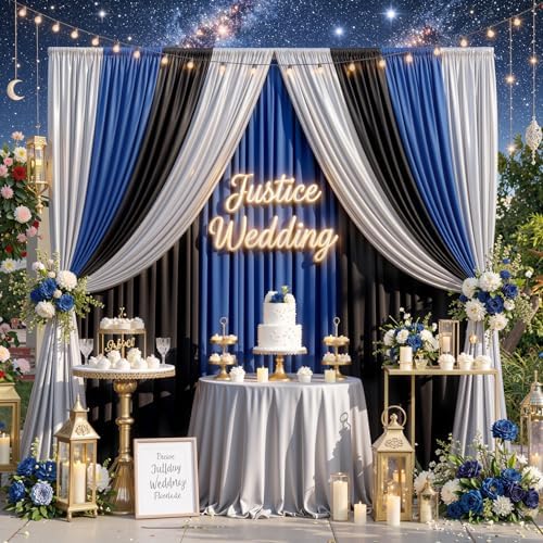 15x10ft Black Blue and Metallic Silver Backdrop Curtains, Wrinkle Free 6 Panels 2.5x10ft Polyester Drapery, alternate view 5