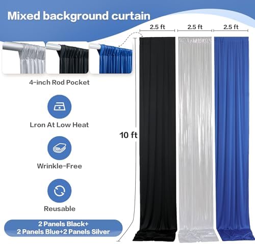 15x10ft Black Blue and Metallic Silver Backdrop Curtains, Wrinkle Free 6 Panels 2.5x10ft Polyester Drapery, alternate view 6