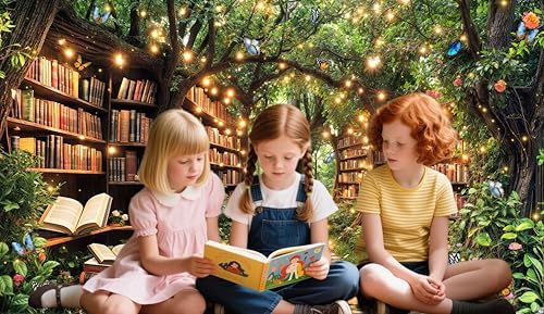 15X10ft Enchanted Forest Fairy Library Backdrop Fairy Tale Magic Bookshelf Green Garden Book Tree Floral, alternate view 3