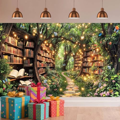 15X10ft Enchanted Forest Fairy Library Backdrop Fairy Tale Magic Bookshelf Green Garden Book Tree Floral, alternate view 6