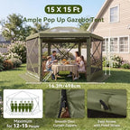 15x15ft Pop-Up Canopy Tent with Removable Top, Screen Gazebo, Green in 15x15ft in Green, alternate view 5